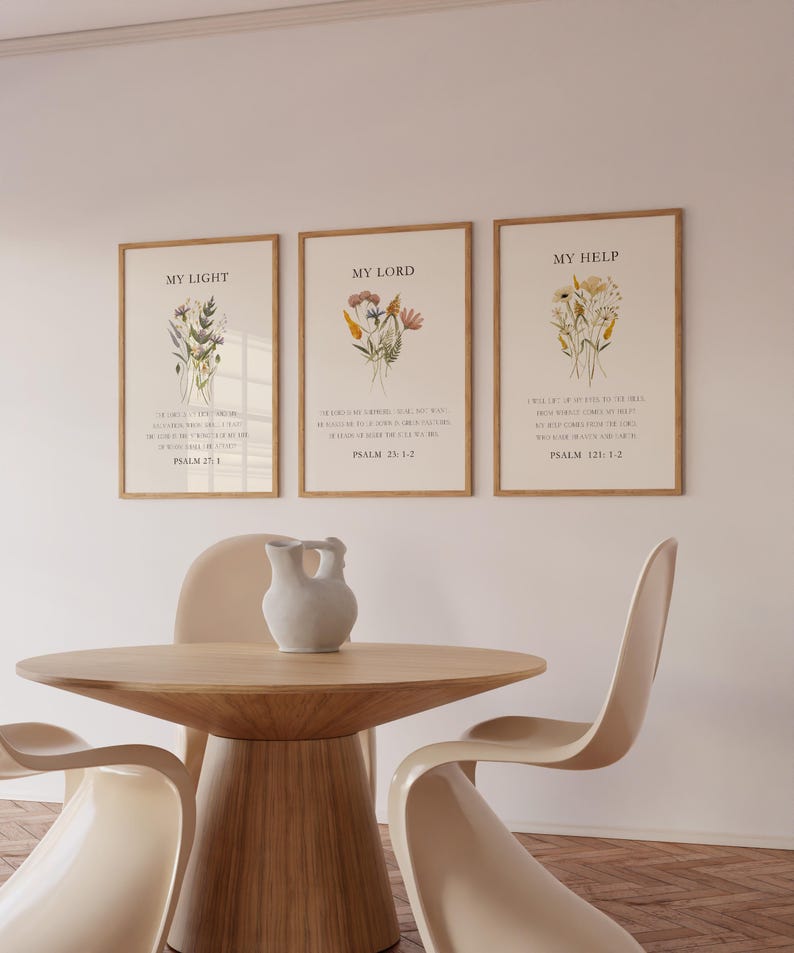 Christian Wall Art, Set of 3, Psalms Wildflowers Bible Prints Botanical