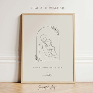 Christian Wedding Printable, Two Become One Flesh, Christian Marriage Gift, Married Couple Sketch, Bride and Groom Line Art DIGITAL PRINT