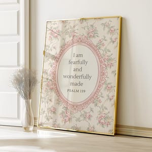 Fearfully and Wonderfully Made, Psalm 139, Pink Vintage Floral Print, Girls Nursery Decor, Printable Bible Verse Digital Download