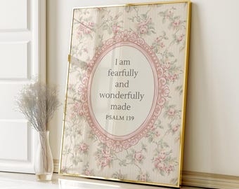 Fearfully and Wonderfully Made, Psalm 139, Pink Vintage Floral Print, Girls Nursery Decor, Printable Bible Verse Digital Download