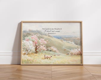 Könnte beinhalten: Gerahmter Kunstdruck mit einer pastoralen Landschaft mit Schafen. Das Kunstwerk hat eine weiche Farbpalette mit rosa und weißen blühenden Bäumen. Der Text oben lautet "The Lord is my Shepherd, I shall not want, Psalm 23:1."