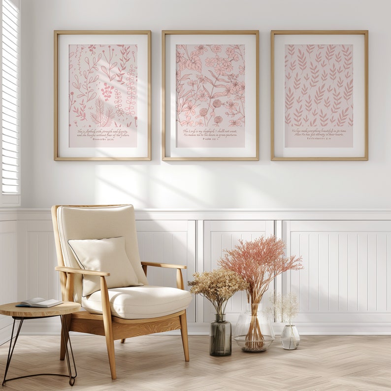 Christian Wall Art Pink, Set of 3, Bible Verses Light Pink Botanical