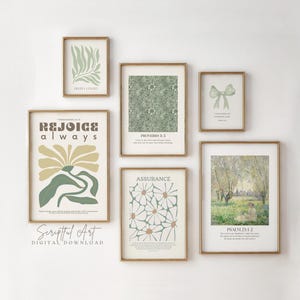 Modern Christian Wall Art Green, Set of 6, Retro Bible Verse Posters, Sage Green Bible Verse Bundle Digital Download