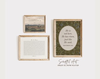 キリスト教イースタープリント「主は復活された」ヴィンテージ聖書の一節ウォールアート3点セット（デジタルダウンロード）