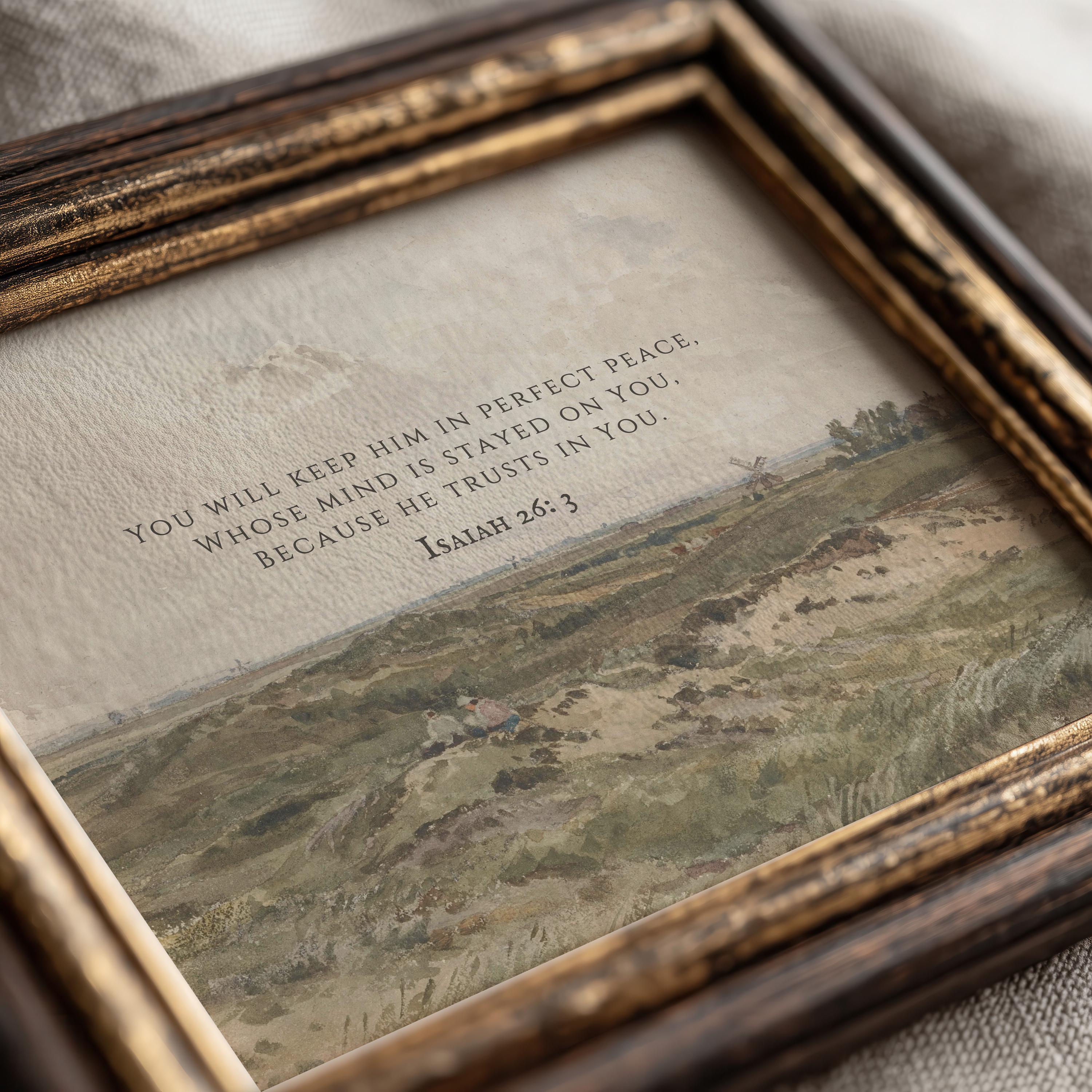 Vintage Christian Wall Art Landscape Bible Verse Print, Isaiah 26:3 ...