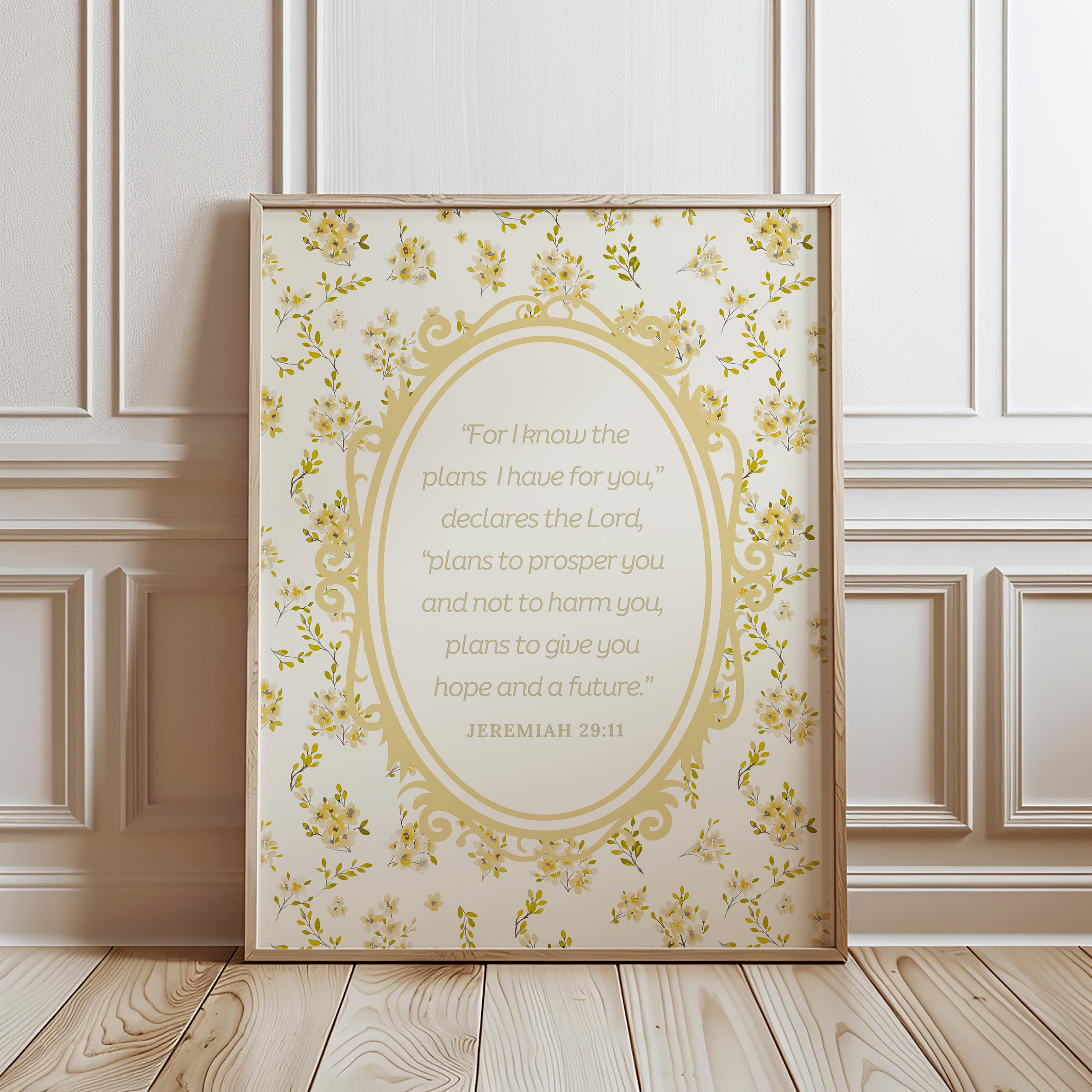 Christian Wall Art Yellow Girls Bible Verse Print Vintage Floral Poster Jeremiah 29:11, Cottagecore Nursery Wall Decor, Digital Download
