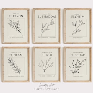 Hebrew Names of God Gallery, Set of 6 Neutral Beige Aesthetic Botanical Posters Printable Faith Collage Digital Download