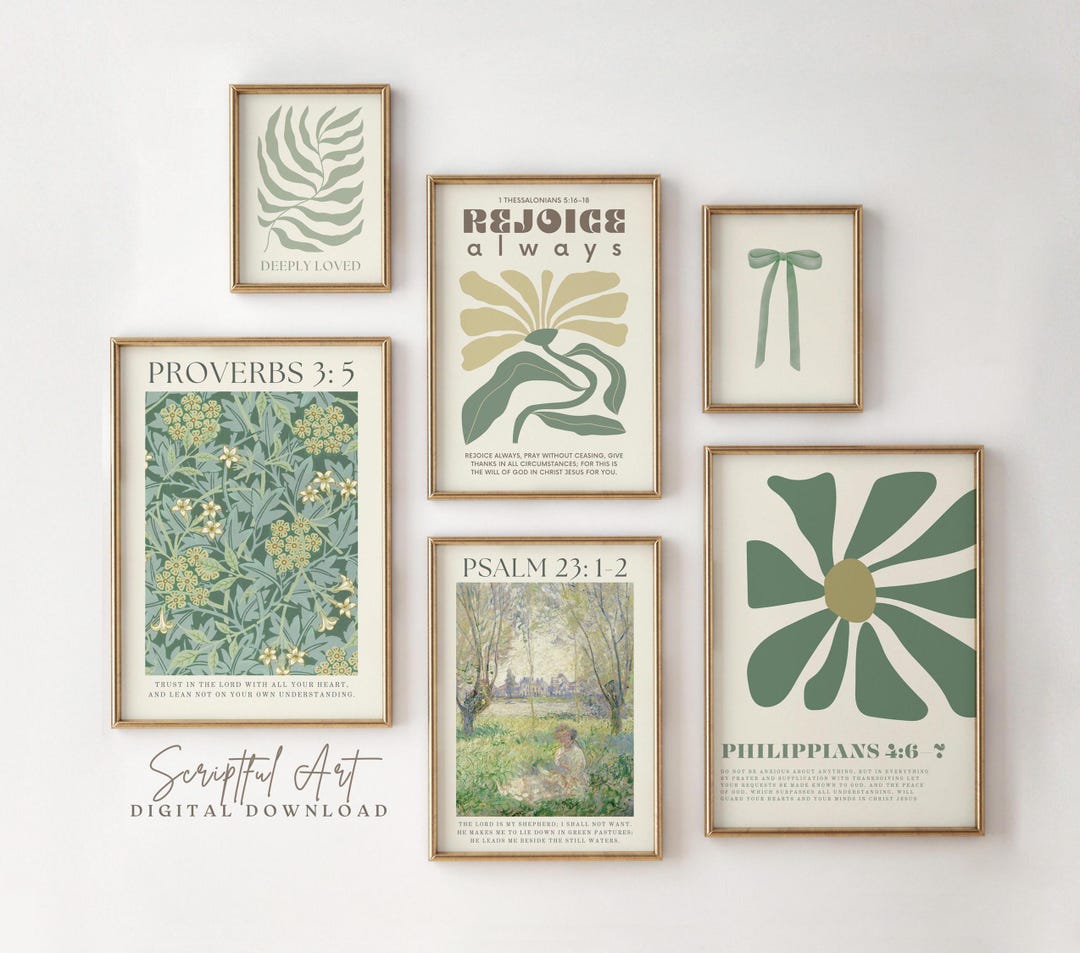 Green Christian Wall Art, Modern Bible Verse Prints, Set of 6, Trendy ...