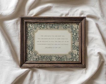 Vintage Christian Wall Art Green Bible Verse Print - The Lord Bless You and Keep You Numbers 6:24-26 Digital Download