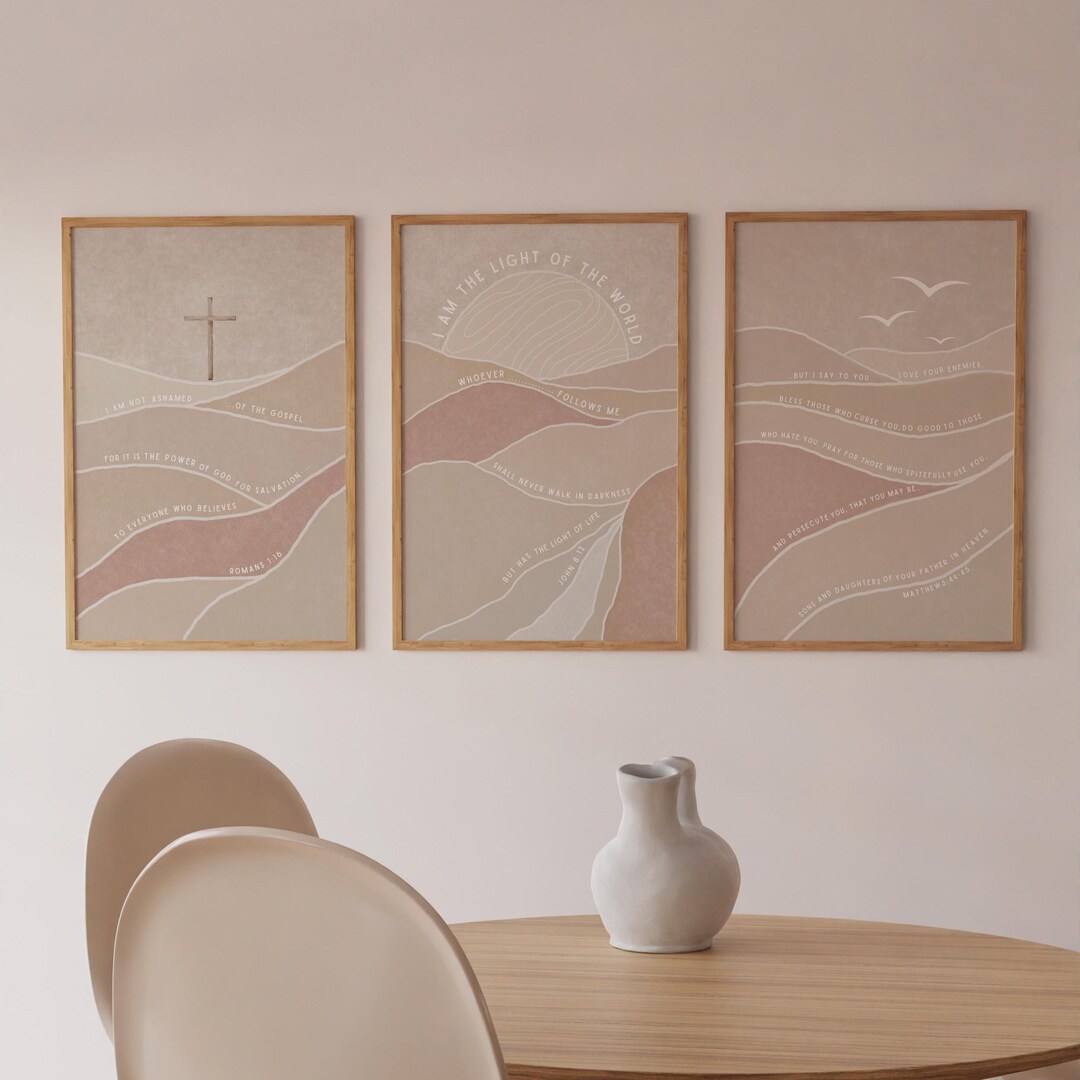 Modern Christian Wall Art Set of 3, Neutral Landscape Bible Verse ...