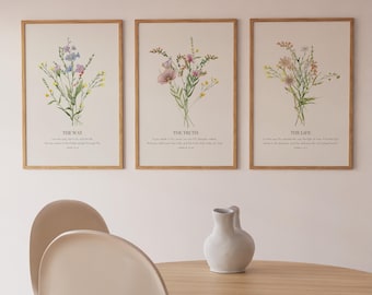 Wildflowers Christian Wall Art Floral Bible Verse Prints, The Way The Truth and the Life, Set of 3, Digital Download
