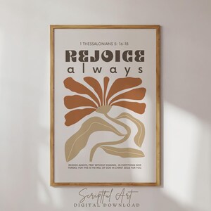 Retro Christian Wall Art, Rejoice Always, Modern Bible Verse Print, Dorm Room Decor, Groovy Flower Poster Digital Download