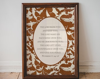 Modern Christian Wall Art - The Lord Bless You, Vintage Birds Illustration Digital Download