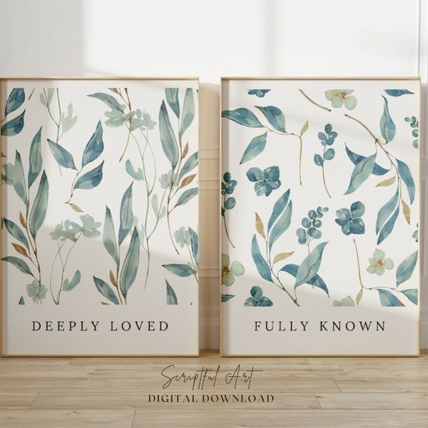 Set of 2 Christian Wall Art Jade Green Botanical Prints, Deeply Loved, Fully Known, Watercolor Vines Branches Posters, Digital Download