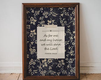 Vintage Scripture Art Blue Bible Verse Print - Joshua 24:15, As For Me and My House Digital Download