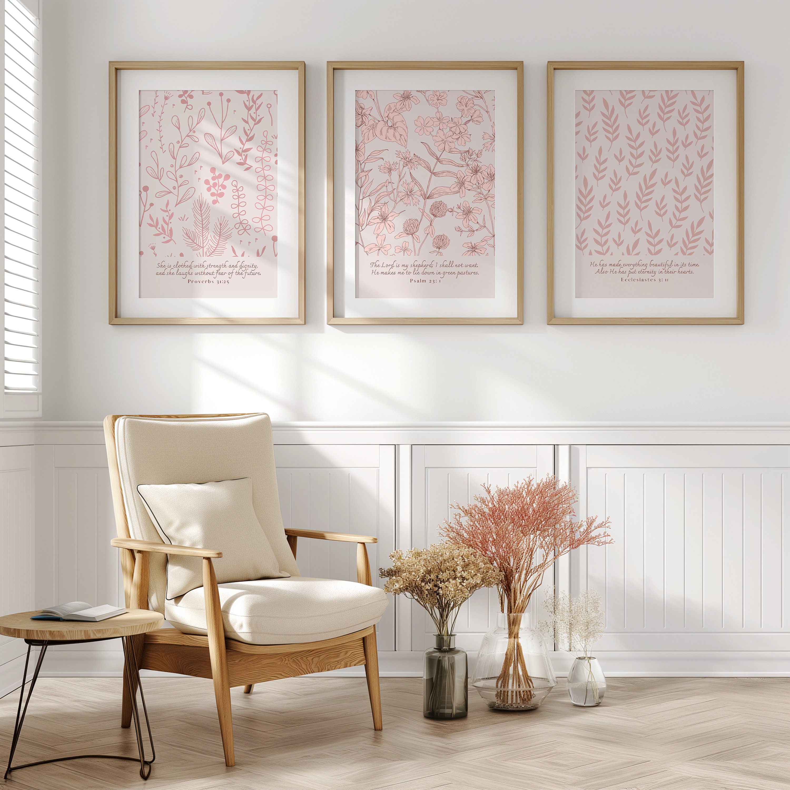 Christian Wall Art Set of 3, Girls Room Decor, Botanical Bible Verse Prints, Pretty Light Pink Nursery Scripture Posters Digital Download