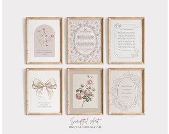 キリスト教風の子供部屋用ウォールアート、女の子の部屋の装飾、ニュートラルな聖書の一節プリント、コテージコアギャラリー、6枚セット、デジタルダウンロード