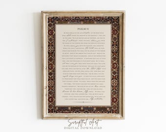 詩篇91篇の聖句ウォールアート、ヴィンテージ風聖書の一節プリント、キリスト教のホームデコレーション（デジタルダウンロード）