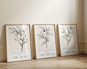 Neutral Christian Wall Art Beige Aesthetic Set of 3 Modern Bible Verse Prints, The Way The Truth The Life Digital Download
