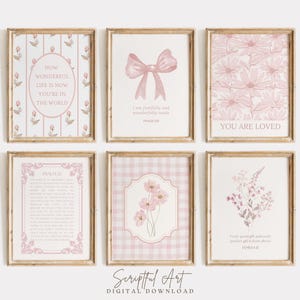 Soft Pink Christian Nursery Gallery, Coquette Bible Verse Art Bundle Set of 6, Girly Scripture Prints Girls Room Decor Digital Download