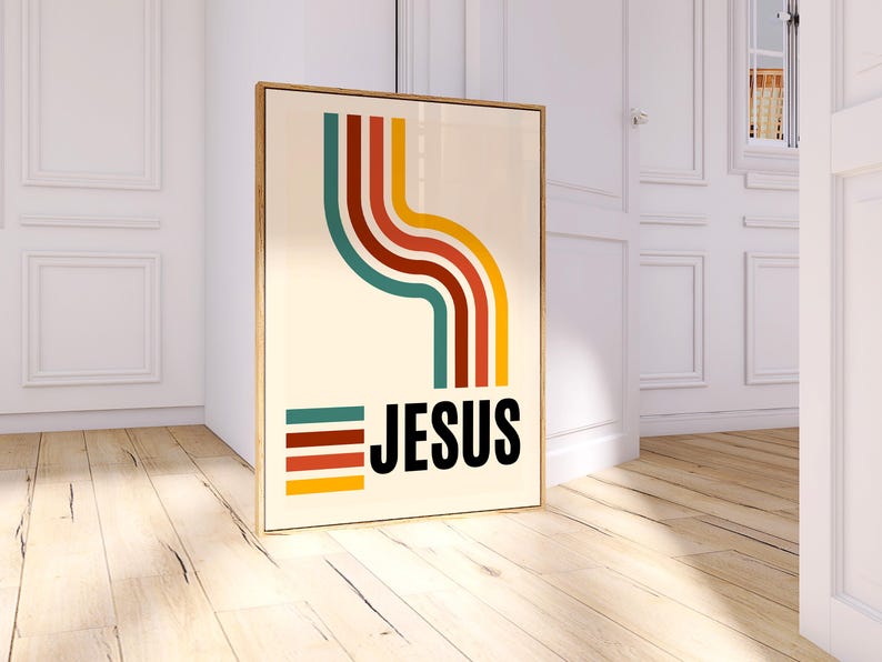 Jesus Art Modern Christian Wall Art, Retro Poster 70's Colorful Faith