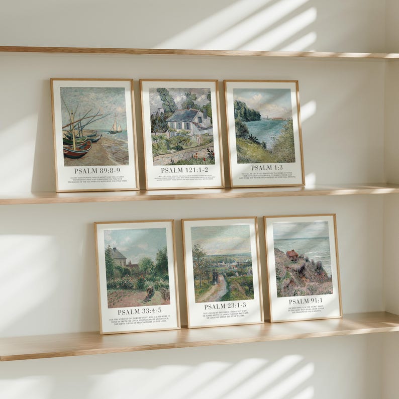 Psalms Christian Wall Art Set of 6, Landscape Vintage Bible Verse