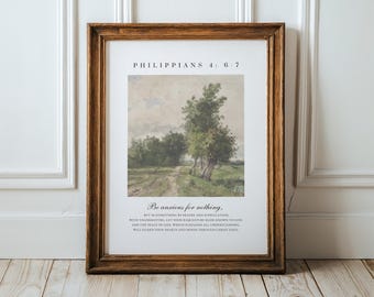 Puede incluir: Impresión enmarcada con una pintura de paisaje de un camino y árboles. El marco es de color marrón cálido. El texto en la parte superior dice "PHILIPPIANS 4:6-7" y debajo de la imagen está el texto "Be anxious for nothing."