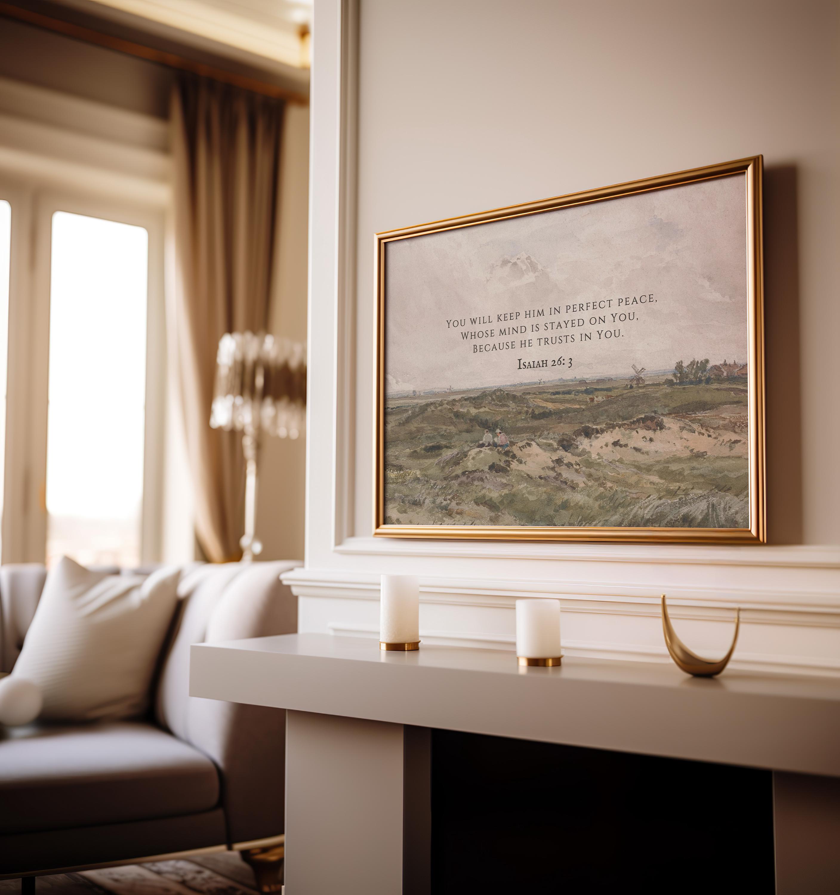 Vintage Christian Wall Art Landscape Bible Verse Print, Isaiah 26:3 ...