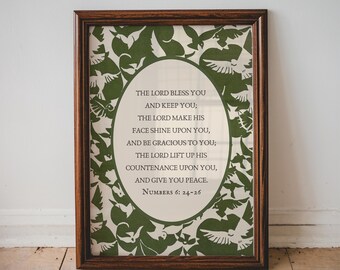 Modern Bible Verse Print - The Lord Bless You, Greeb Vintage Birds Poster Digital Download