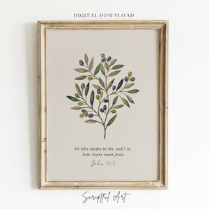 John 15:5 Abide in Me, Christian Wall Art Olive Branch, Jesus Quotes, Aesthetic Botanical Decor Digital Download