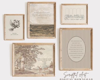 Galerie vintage chrétienne, lot de 5 versets bibliques rustiques imprimables, collage neutre des Écritures, téléchargement numérique