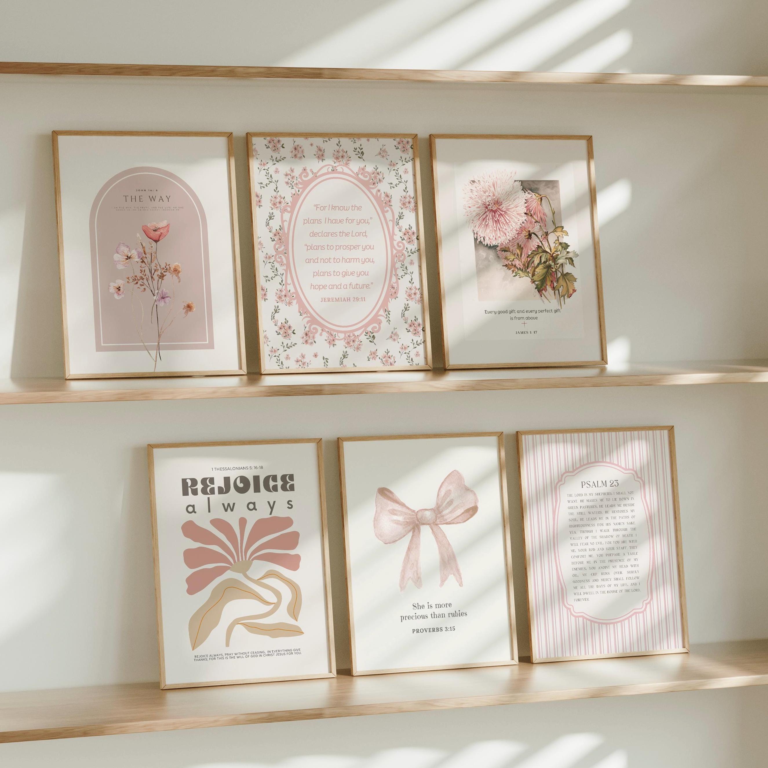 Christian Girls Gallery, Cottagecore-bijbelversbundel, set van 6, roze schriftcollage, digitale download
