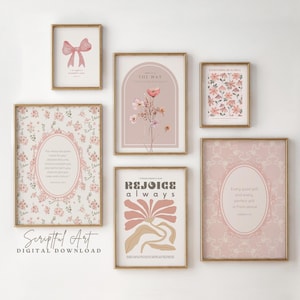 Art mural rose pour chambre de bébé, lot de 6 décorations de chambre de filles, Bible moderne, affiches florales bohèmes, art sacré tendance en téléchargement numérique
