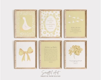 キリスト教風の子供部屋装飾 女の子の部屋の装飾 黄色の聖句プリント ベビーガールギャラリー 6枚セット (デジタルダウンロード)