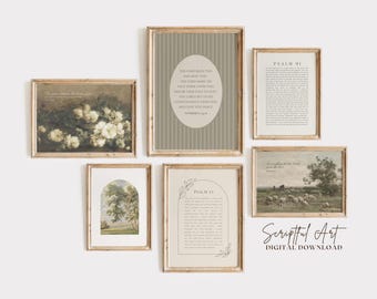 May include: A collection of six framed art prints. The prints feature floral and landscape paintings, and text from Psalms. The frames are a light brown color. The text "Scriptful Art DIGITAL DOWNLOAD" is at the bottom right.