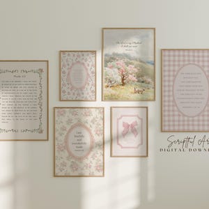 Pink Christian Wall Art Bundle, Set of 6, Girls Cottagecore Gallery, Modern Bible Verse Prints, Digital Download