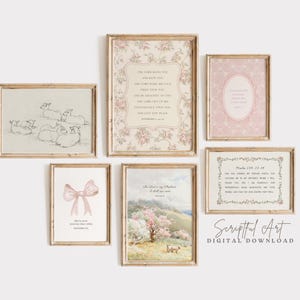 Christian Nursery Wall Art Pink Vintage Psalms Gallery Girls Room Decor, Set of 6, Coquette Bible Verse Wall Art, Digital Download