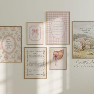 Pink Christian Scripture Art Prints Set of 6, Vintage Nursery Decor, Digital Download