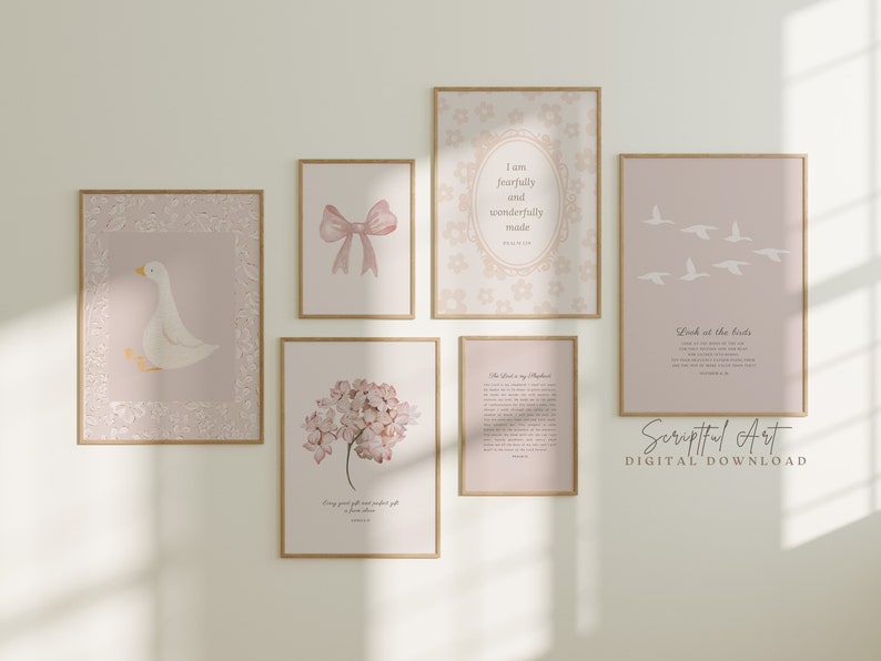 Pink Nursery Decor Girly Christian Wall Art Set of 6, Psalm 23 the Lord