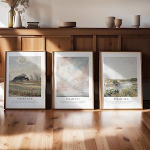 Christian Wall Art Set of 3 Vintage Landscape Scenery Prints Scripture Gallery Wall Bible Verse Decor Digital Download