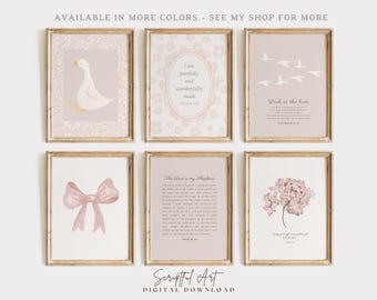 Pink Christian Girls Nursery Decor, Set of 6, Printable Cottagecore Collage, Scripture Gallery Babygirl Bible Verse Prints, Digital Download
