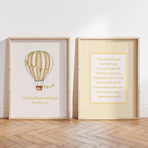 Yellow Nursery Wall Art Set: Vintage Stripes, Bible Verse, Hot Air Balloon (Digital Download)