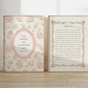 Girls Nursery Decor Pink Christian Wall Art, Set of 2, Vintage Floral Art, Cottagecore Bible Prints, Psalm 23, Psalm 139, Digital Download