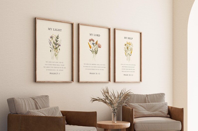 Christian Wall Art, Set of 3, Psalms Wildflowers Bible Prints Botanical