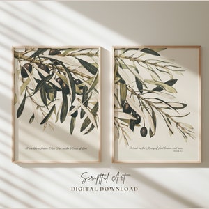 Christian Wall Art, Set of 2, Vintage Olive Tree Branches, Psalm 52:8, I am like a Green Olive Tree in the House of God, Digital Prints