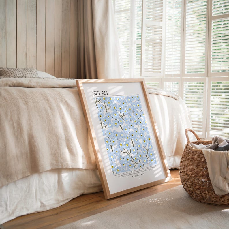 Selah Christian Wall Art Blue, Psalm 327, Light Blue Floral Scripture