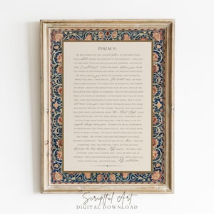 Puede incluir: Una impresión enmarcada del Salmo 91, con bordes florales y de volutas en azul marino, melocotón y crema. El texto está centrado sobre un fondo crema, con las palabras "Scriptural Art DIGITAL DOWNLOAD" en la parte inferior.
