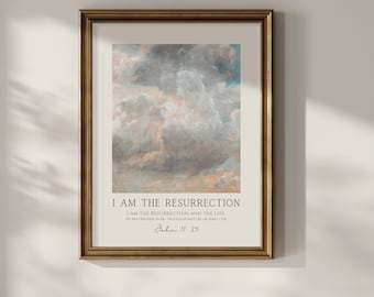 Yo soy la Resurrección, Arte mural cristiano de Pascua, impresión vintage del cielo, descarga digital