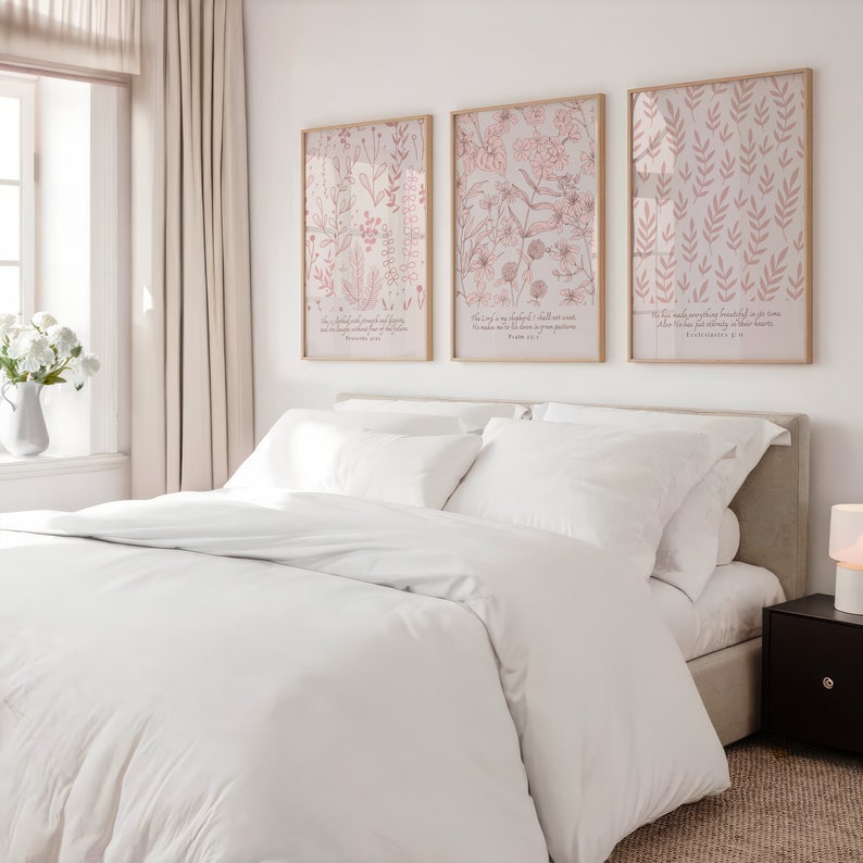 Christian Wall Art Pink, Set of 3, Bible Verses Light Pink Botanical