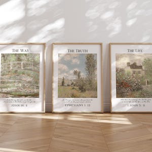 Christian Wall Art Set of 3, The Way the Truth the Life, Vintage Bible Verse Prints, Printable Scripture Posters, Digital Download